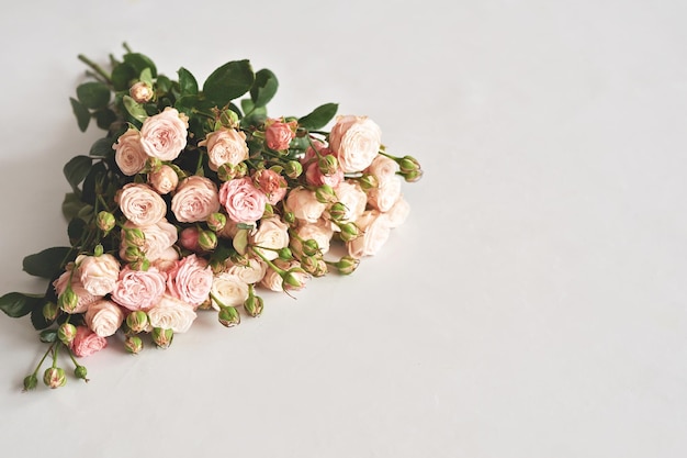 Bouquet di fiori rosa rose su sfondo bianco vista dall'alto Giornata internazionale della donna