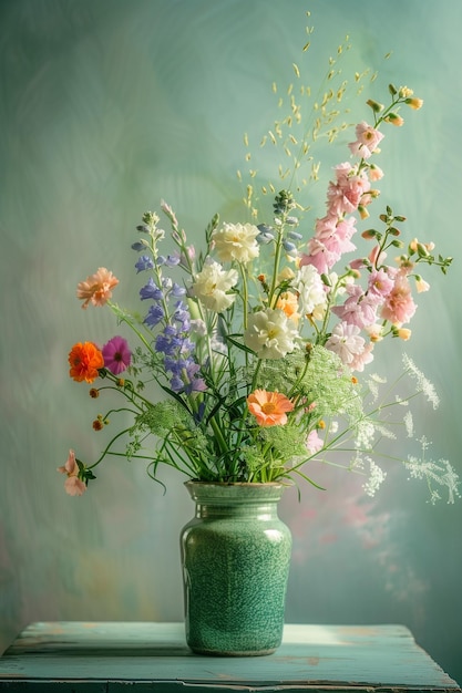 Bouquet di fiori selvatici in un vaso verde salvia con fiori e uno sfondo verde