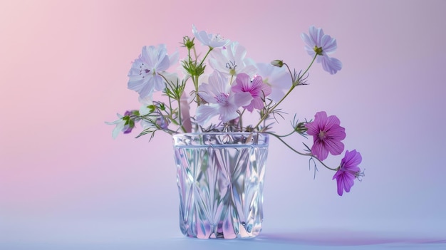 Bouquet di fiori selvatici viola in vaso di vetro su sfondo blu