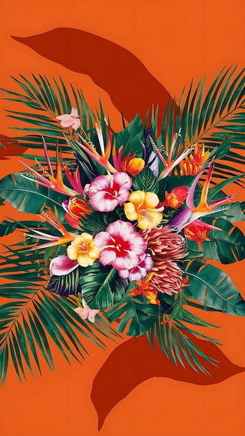 Bouquet di fiori tropicali e foglie di palma su uno sfondo arancione