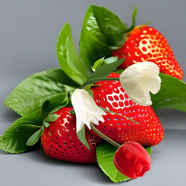 bouquet di fragole e fiori di tulipano in vaso di vetro concetto di frutta natura morta