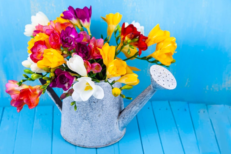 Foto bouquet di fresie multicolori in un annaffiatoio su sfondo blu. bellissimi fiori.