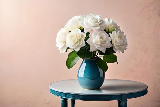 Bouquet di gardenia in un vaso su uno sfondo rosa chiaro