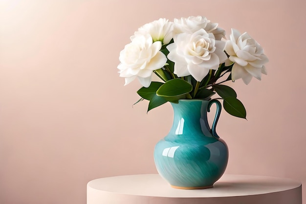 Bouquet di gardenia in un vaso su uno sfondo rosa chiaro