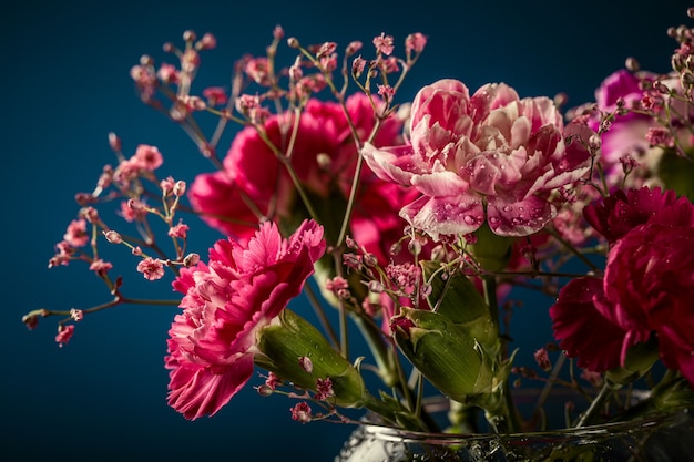 Bouquet di garofano rosa in vaso di vetro sulla superficie blu scuro. Festa della mamma, biglietto di auguri di compleanno. Copia spazio