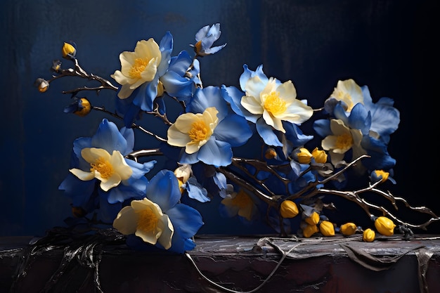 bouquet di gelsomino blu 4 faustino tiani nello stile del pictorialismo scultoreo blu scuro e giallo