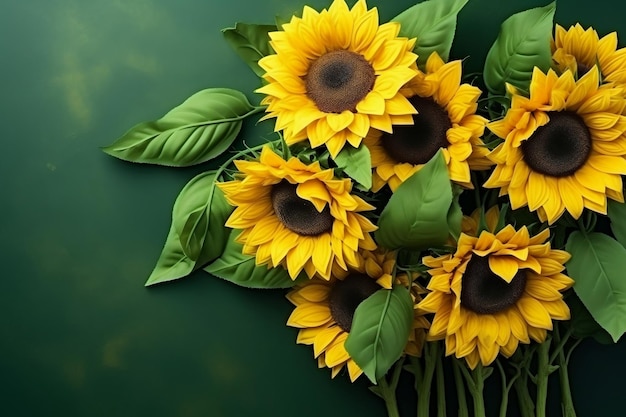 Bouquet di girasole vibrante su sfondo verde scuro AI generativa