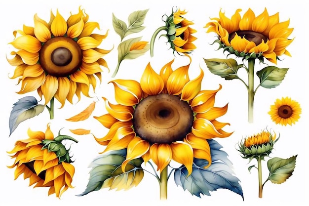 Bouquet di girasoli dell'acquerello con foglie verdi floreali clipart illustrazione set di fiori naturali