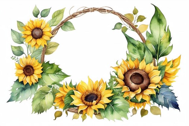 Bouquet di girasoli dell'acquerello con foglie verdi floreali clipart illustrazione set di fiori naturali