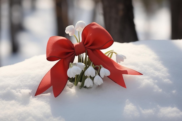 Bouquet di gocce di neve con un arco rosso sulla neve