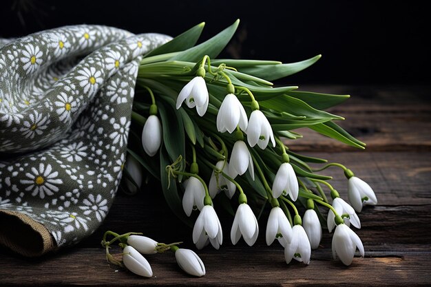 Bouquet di gocce di neve su uno sfondo di legno Fiori di primavera