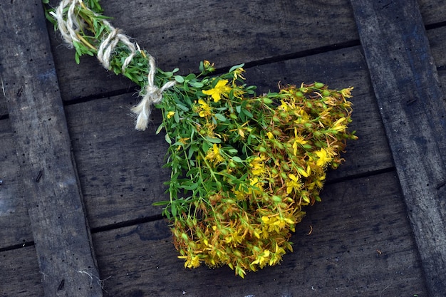 Bouquet di iperico (Hypericum perforatum) su uno sfondo di legno