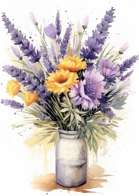 Bouquet di lavanda e fiori secchi Mazzo estivo colorato di lavanda viola e giallo AI generativa