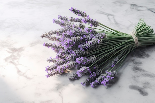 Bouquet di lavanda eterica su superficie di marmo