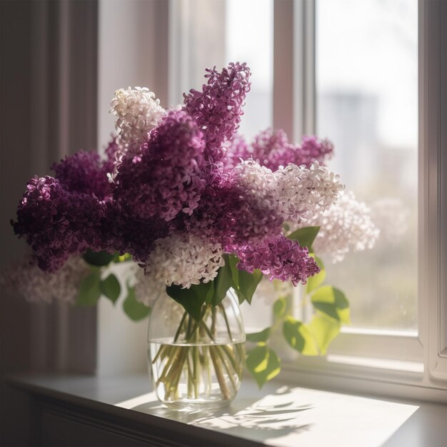 Bouquet di lillà viola e bianchi sulle finestre