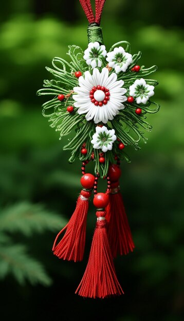 Bouquet di margherite e un nastro rosso su uno sfondo verde