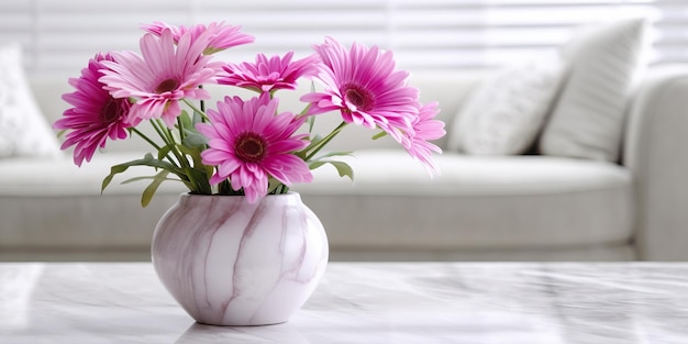 Bouquet di margherite Garbera viola fiori in vaso di marmo bianco su tavolo bianco