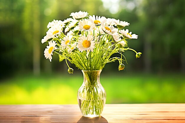 Bouquet di margherite in un vaso di vetro su un tavolo di legno su sfondo sfocato AI generato