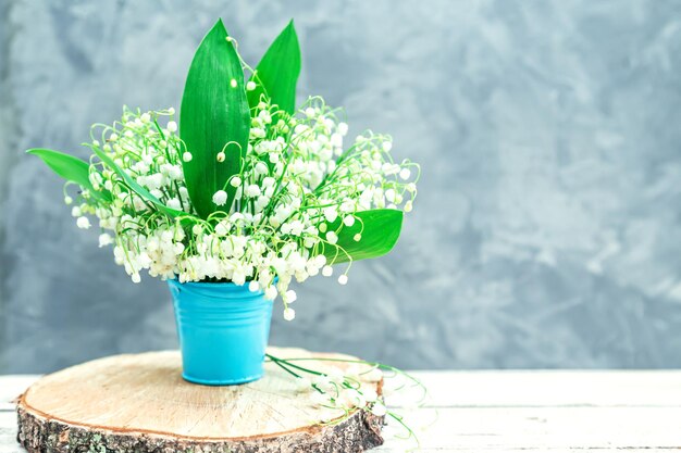 Bouquet di mughetti in un secchio blu su sfondo grigio