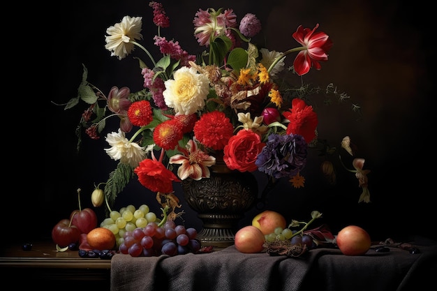 Bouquet di natura morta di fiori in vaso vintage antichi maestri olandesi pittura a olio tela imitazione astratto generativa IA illustrazione
