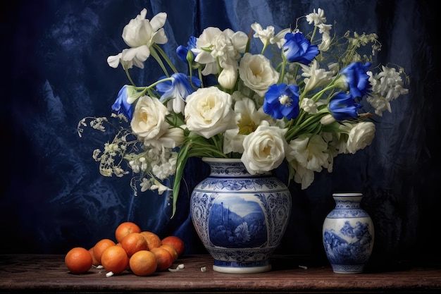 Bouquet di natura morta di fiori in vaso vintage fiori blu e bianchi antichi maestri olandesi pittura a olio tela imitazione astratto generativa IA illustrazione