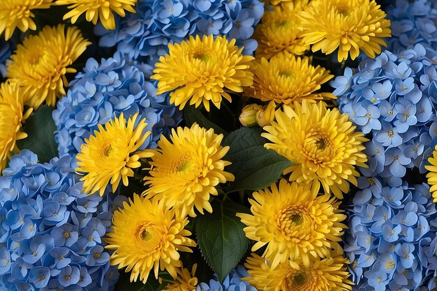 Bouquet di ortensie blu e astri gialli sullo sfondo di un fiore