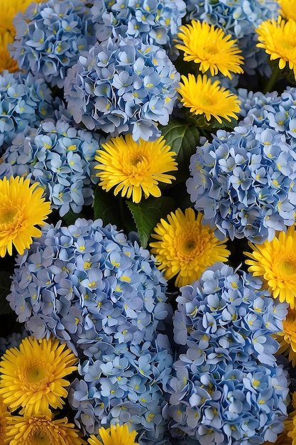 Bouquet di ortensie blu e astri gialli sullo sfondo di un fiore