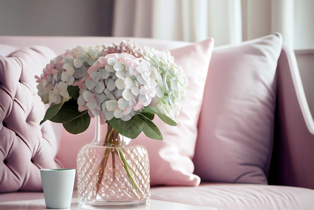 Bouquet di ortensie pastello in un vaso AI generativa