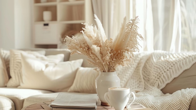 Bouquet di pampas in un vaso con una tazza di cappuccino sul tavolo vicino al divano immagine boho