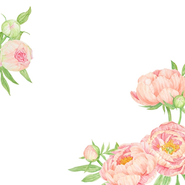 Bouquet di peach peony acquerello cornice disegnata a mano simbolo nazionale cinese illustrazione realistica