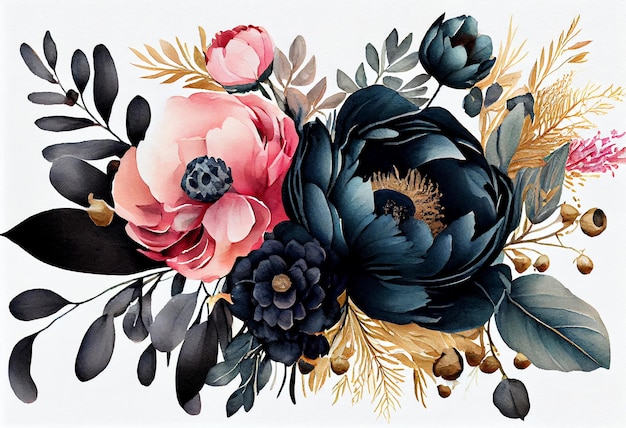 Bouquet di peonia di colore rosa e nero blu navy dell'acquerello su sfondo bianco Generativo ai