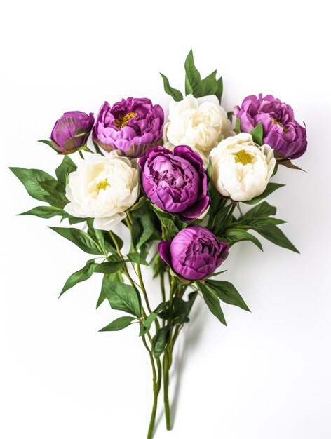 Bouquet di peonie bianche e viola su uno sfondo bianco