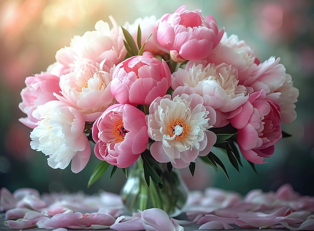 Bouquet di peonie in un vaso su un tavolo di legno