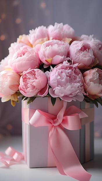 Bouquet di peonie rosa e scatola regalo