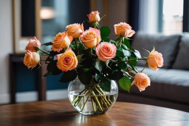 Bouquet di rose arancione pallido sul tavolo