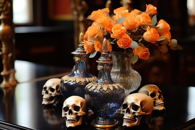 Bouquet di rose arancioni in un vaso, teschi e lampade Altare del Giorno dei Morti IA generativa