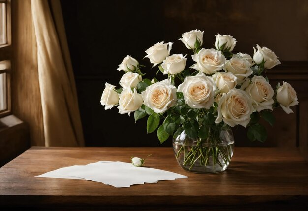 Bouquet di rose bianche e foglio di carta bianco su un tavolo di legno