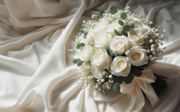 bouquet di rose bianche posto su un panno bianco il concetto di amore puro e San Valentino