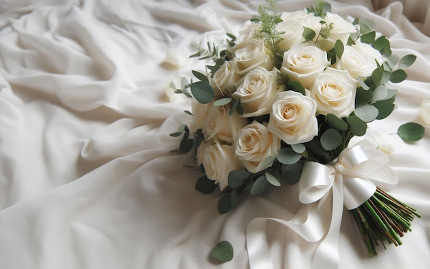 bouquet di rose bianche posto su un panno bianco il concetto di amore puro e San Valentino