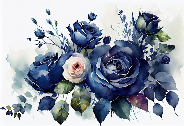 Bouquet di rose blu navy dell'acquerello su sfondo bianco Generativo ai