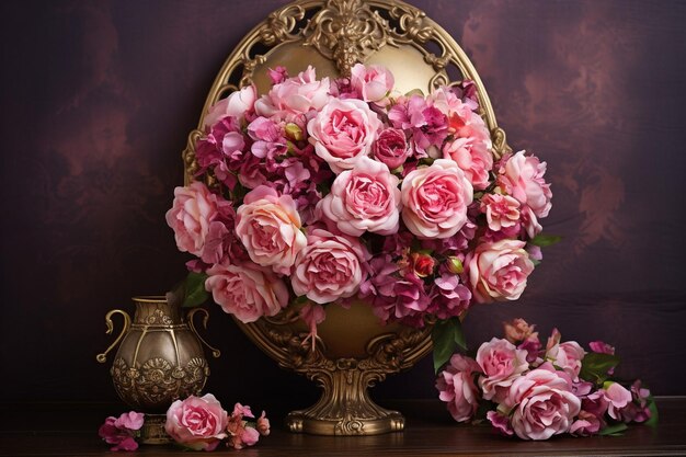 Bouquet di rose con cornici fotografiche in ottone antico