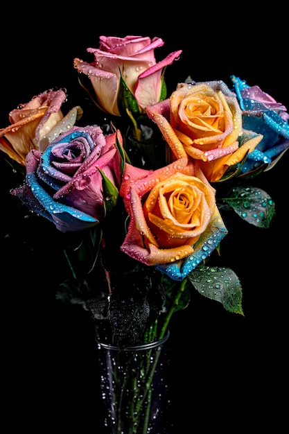 Bouquet di rose con petali multicolori su sfondo nero