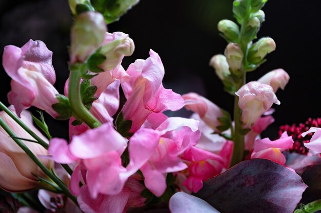 Bouquet di rose e fiori gartens closeup su sfondo nero con profondità di campo ridotta e blu...