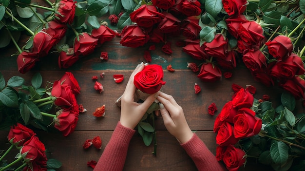 bouquet di rose in mani femminili su uno sfondo di rose rosse