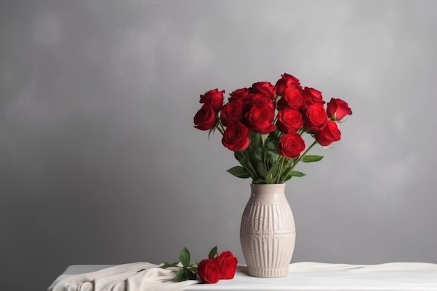 Bouquet di rose in un vaso su un tavolo bianco