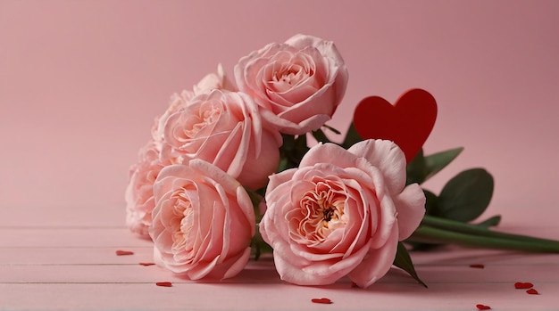 Bouquet di rose rosa e cuori su un tavolo di legno rosa in primo piano