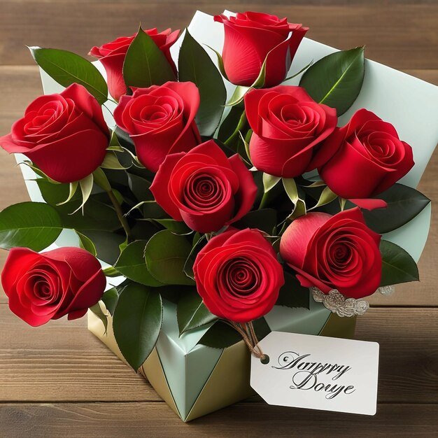 Bouquet di rose rosse con etichetta regalo