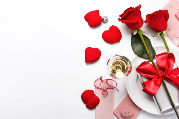 Bouquet di rose rosse e cuori su sfondo bianco bandiera di San Valentino formato posto per il testo