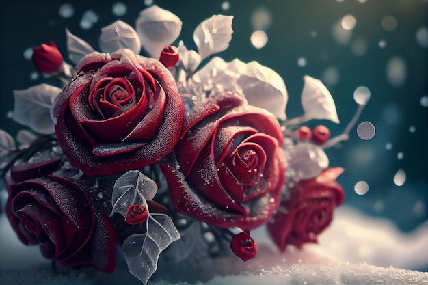 Bouquet di rose rosse e ghiaccio di neve ai