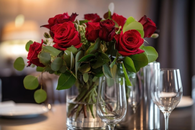 Bouquet di rose rosse in vaso con vegetazione e vetreria visibile creata con ai generativa